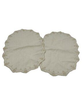 Lot Of 2 Vintage Cream Linen Oval Doilies Embroidered Scalloped Placemats Set